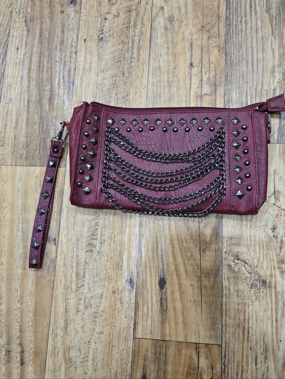 Red Studded Chain-Accent Wristlet Clutch